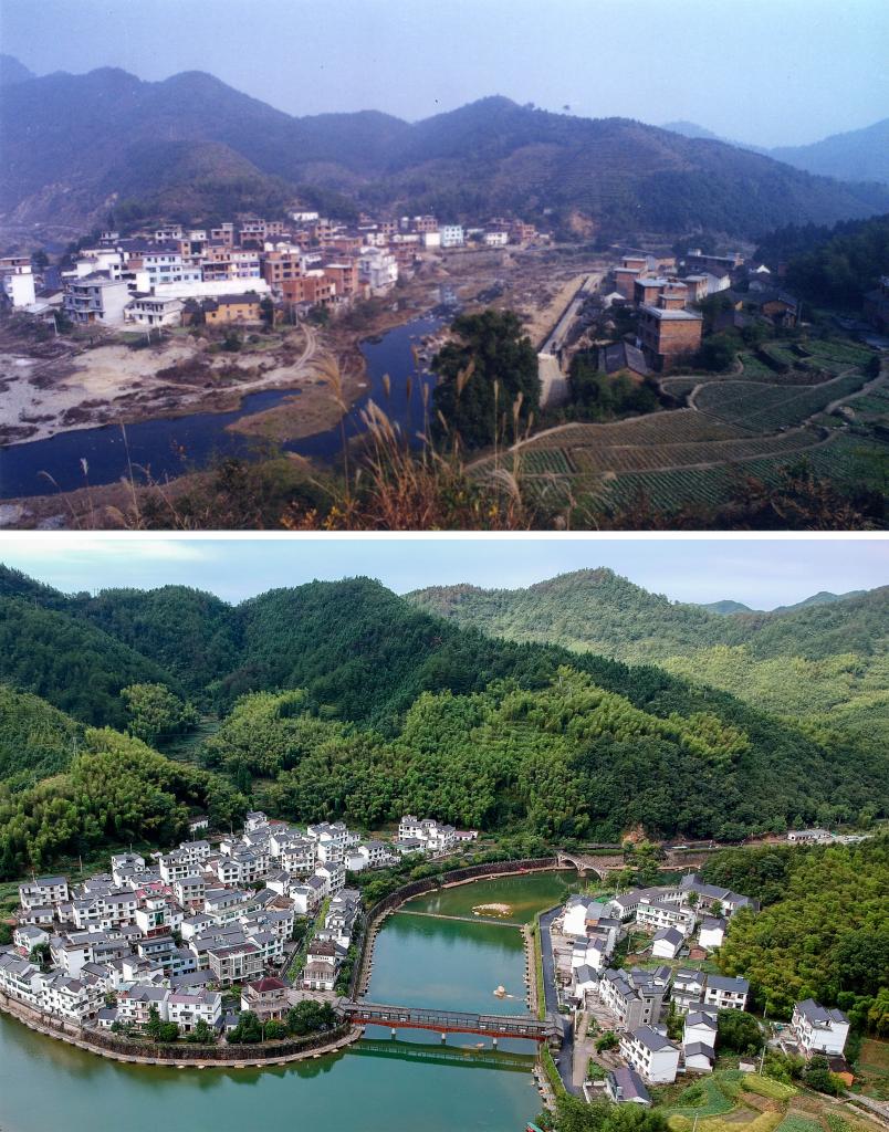 圖為浙江省杭州市淳安縣楓樹嶺鎮(zhèn)下姜村拼版圖，其中上圖為資料照片、下圖由新華社記者張鋮攝。